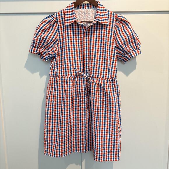 Plaid Gingham Shirt Dress Women Medium Red Blue Puff Sleeve Game Day Button Down - Picture 1 of 13